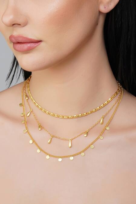 ZARIIN_Gold Plated Ethereal Geometric Carved Layered Necklace _Online_at_Aza_Fashions