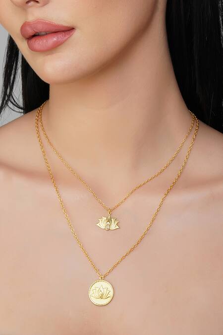 Buy_ZARIIN_Gold Plated Emerging Beauty Lotus Carved Pendant Necklace _Online_at_Aza_Fashions