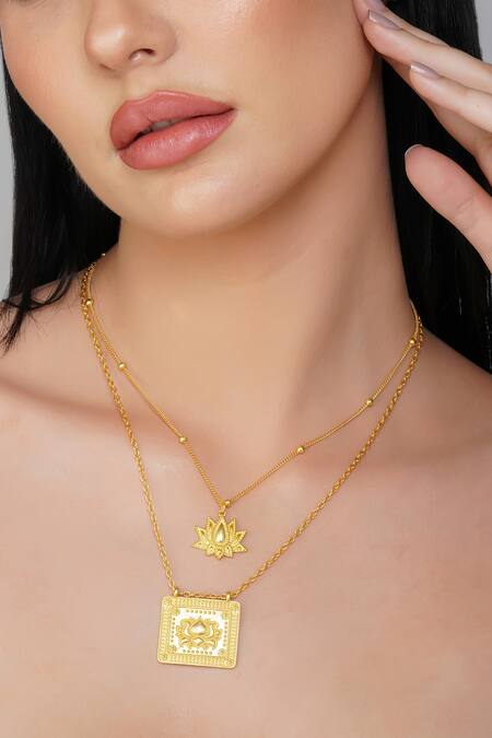 ZARIIN_Gold Plated Embrace Change Lotus Carved Necklace_Online_at_Aza_Fashions