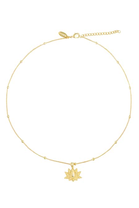 Shop Zariin Gold Plated Rise To Shine Lotus Carved Pendant Necklace at Aza Fashions Shop_Zariin_Gold Plated Rise To Shine Lotus Carved Pendant Necklace _at_Aza_Fashions