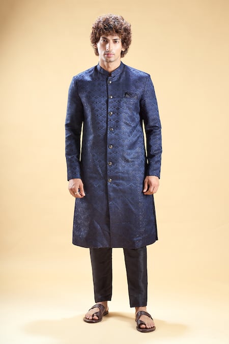 Buy_Arihant Rai Sinha_Blue Silk, Jacquard Embroidery Leaf Thread Sherwani With Pyjama_Online_at_Aza_Fashions