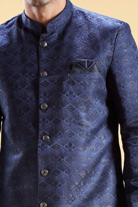 Buy_Arihant Rai Sinha_Blue Silk, Jacquard Embroidery Leaf Thread Sherwani With Pyjama