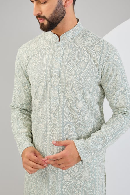 Buy_Kasbah_Blue Georgette Sequins, Embroidery Chikankari Kurta _Online_at_Aza_Fashions