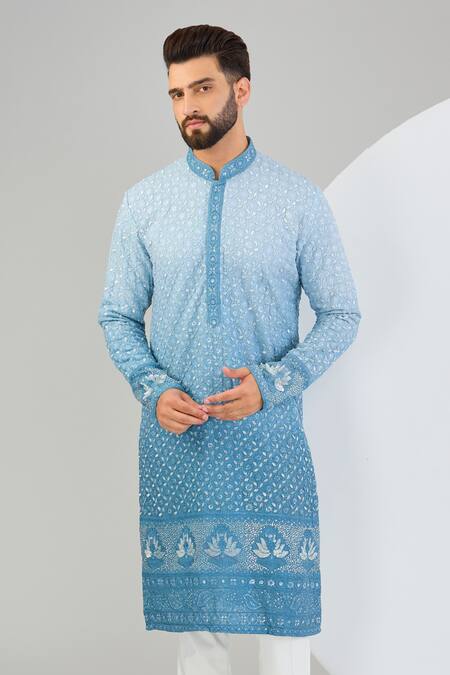 Kasbah_Blue Georgette Embroidery, Sequins Ombre Chikankari Kurta _Online_at_Aza_Fashions