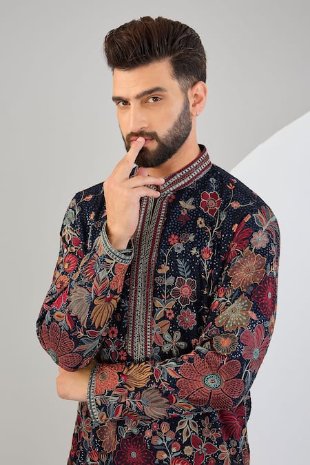 Buy_Kasbah_Blue Georgette Embroidery, Sequins Floral Straight Kurta _Online_at_Aza_Fashions