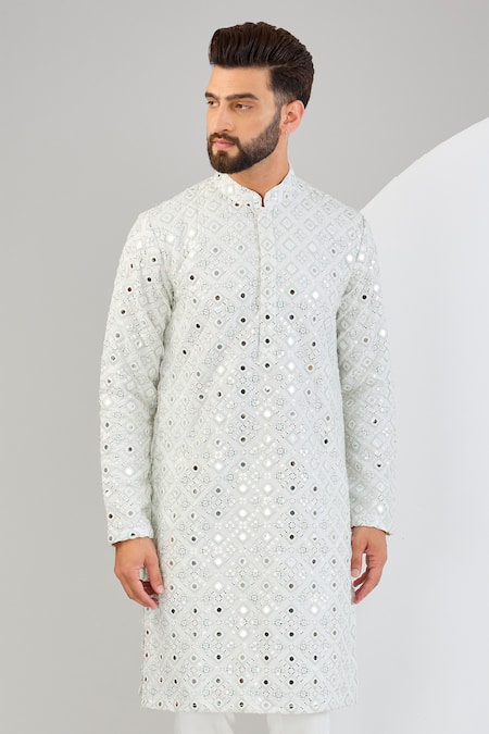 Kasbah_Ivory Silk Mirrors, Embroidery Straight Kurta _Online_at_Aza_Fashions
