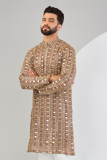 Kasbah_Brown Georgette Mirrors, Zari And Embroidered Kurta _Online_at_Aza_Fashions