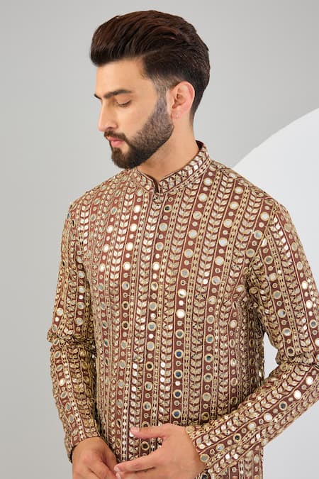 Buy_Kasbah_Brown Georgette Mirrors, Zari And Embroidered Kurta _Online_at_Aza_Fashions