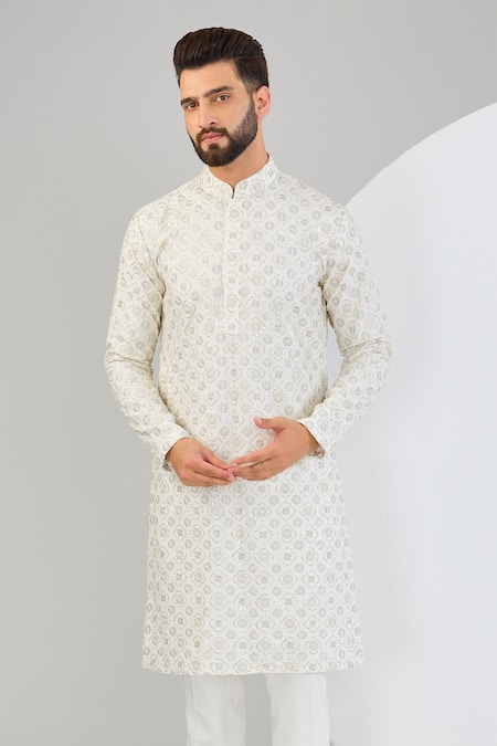 Kasbah_Ivory Silk Embroidery, Sequins, Zari Chikankari Straight Kurta _Online_at_Aza_Fashions