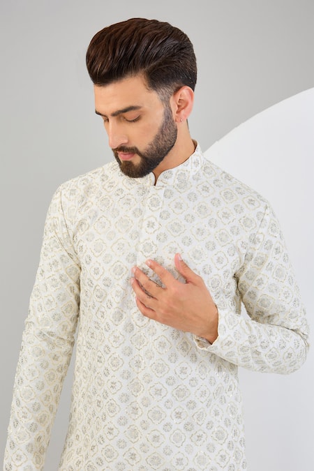 Buy_Kasbah_Ivory Silk Embroidery, Sequins, Zari Chikankari Straight Kurta _Online_at_Aza_Fashions