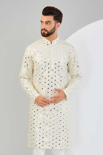 Kasbah_Ivory Silk Mirrors, Sequins Embroidered Kurta_Online_at_Aza_Fashions