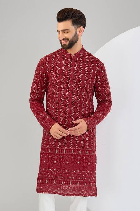 Kasbah_Red Georgette Sequins, Zari Zig-zag Embroidered Straight Kurta _Online_at_Aza_Fashions