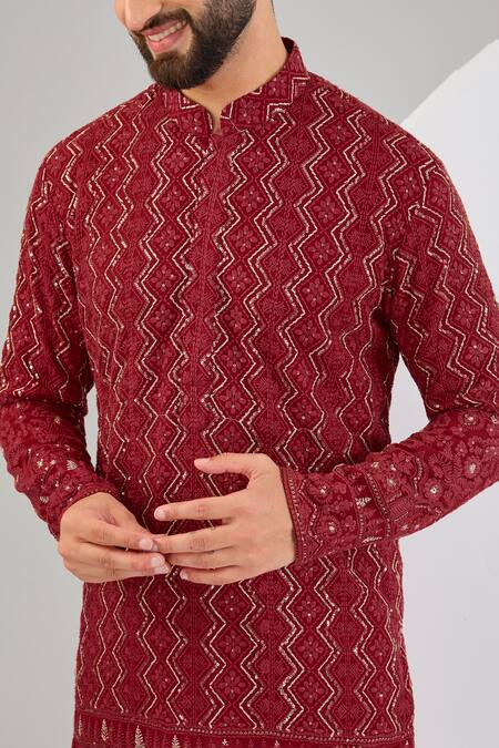 Buy_Kasbah_Red Georgette Sequins, Zari Zig-zag Embroidered Straight Kurta _Online_at_Aza_Fashions
