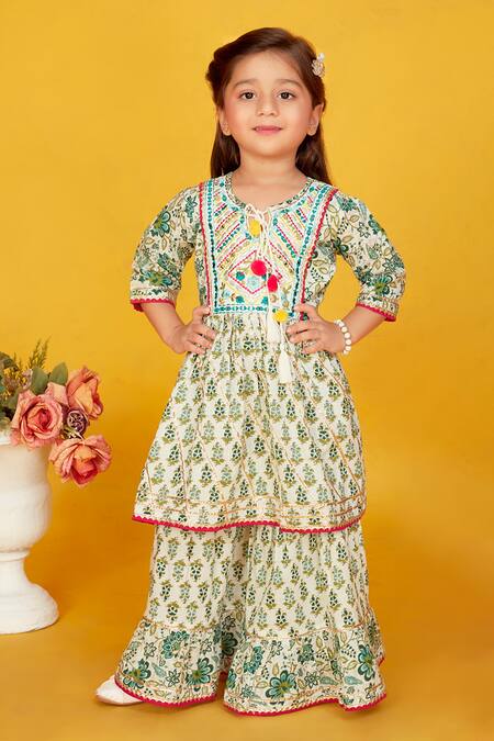 Maaikid White Cotton Tassels, Diamonds Floral Print Peplum Kurta With Palazzo Online at Aza Fashions Maaikid_White Cotton Tassels, Diamonds Floral Print Peplum Kurta With Palazzo _Online_at_Aza_Fashions