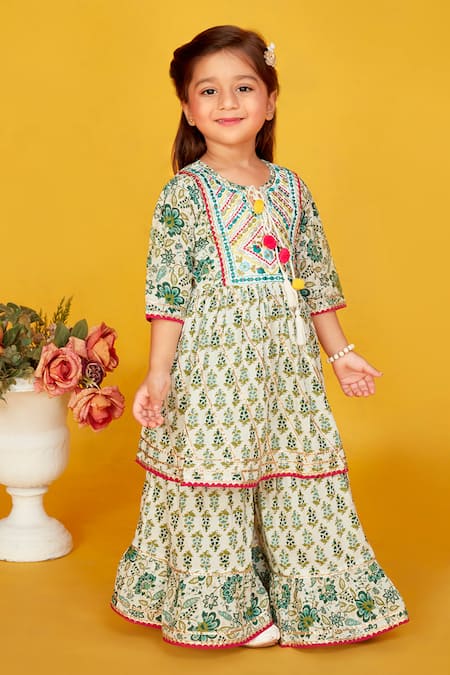 Buy Maaikid White Cotton Tassels, Diamonds Floral Print Peplum Kurta With Palazzo Online at Aza Fashions Buy_Maaikid_White Cotton Tassels, Diamonds Floral Print Peplum Kurta With Palazzo _Online_at_Aza_Fashions