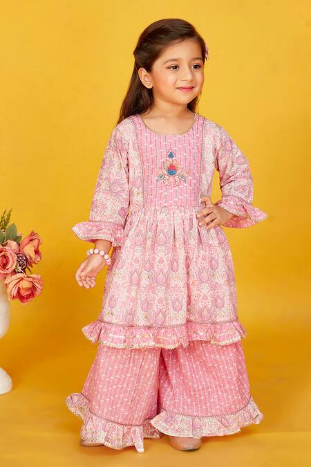 Maaikid_Pink Cotton Diamonds, Embroidery Floral Print Peplum Kurta With Flared Pant _Online_at_Aza_Fashions