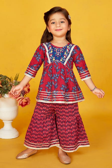 Maaikid Red Cotton Print Leaf Peplum Kurta With Sharara 