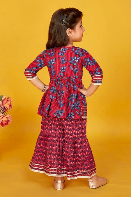 Maaikid Leaf Print Peplum Kurta With Sharara 