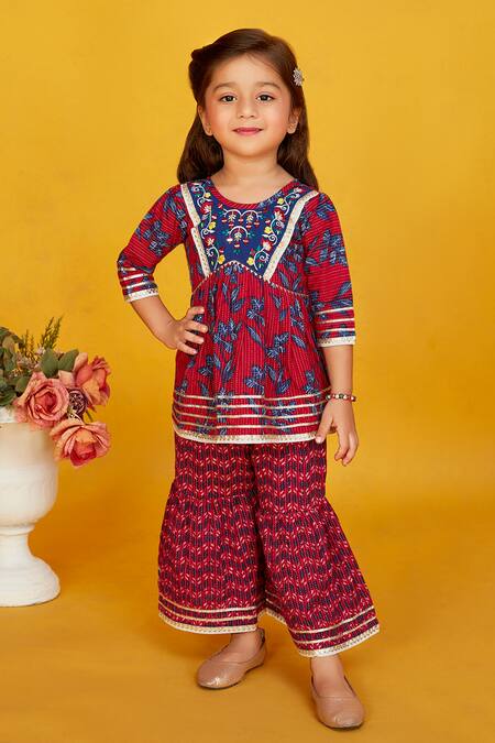 Maaikid_Red Cotton Gota Patti, Embroidery Leaf Print Peplum Kurta With Sharara _Online_at_Aza_Fashions