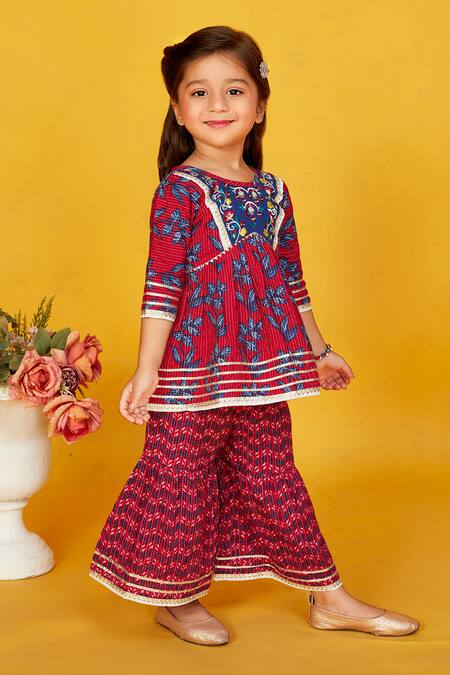 Buy_Maaikid_Red Cotton Gota Patti, Embroidery Leaf Print Peplum Kurta With Sharara _Online_at_Aza_Fashions
