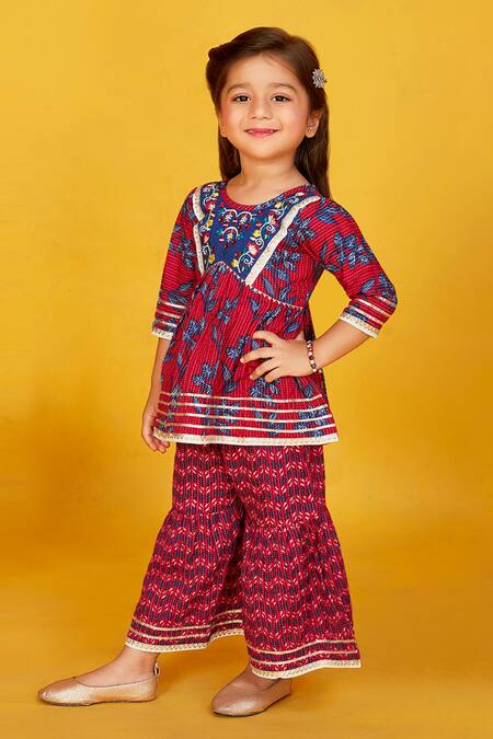 Shop_Maaikid_Red Cotton Gota Patti, Embroidery Leaf Print Peplum Kurta With Sharara _Online_at_Aza_Fashions