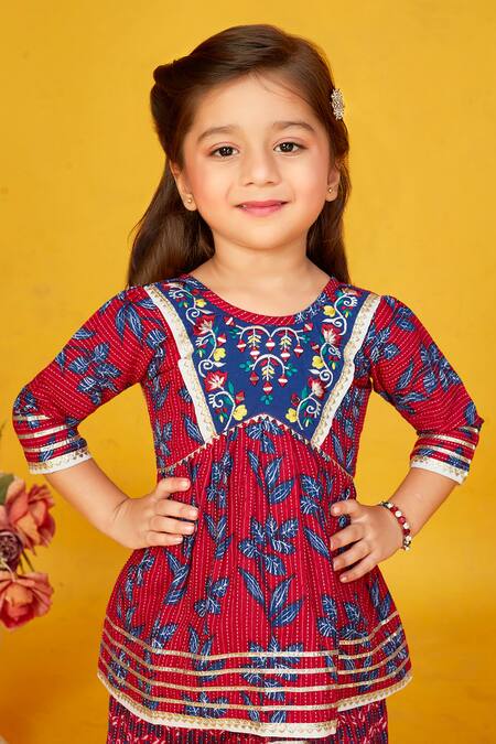Maaikid_Red Cotton Gota Patti, Embroidery Leaf Print Peplum Kurta With Sharara _at_Aza_Fashions