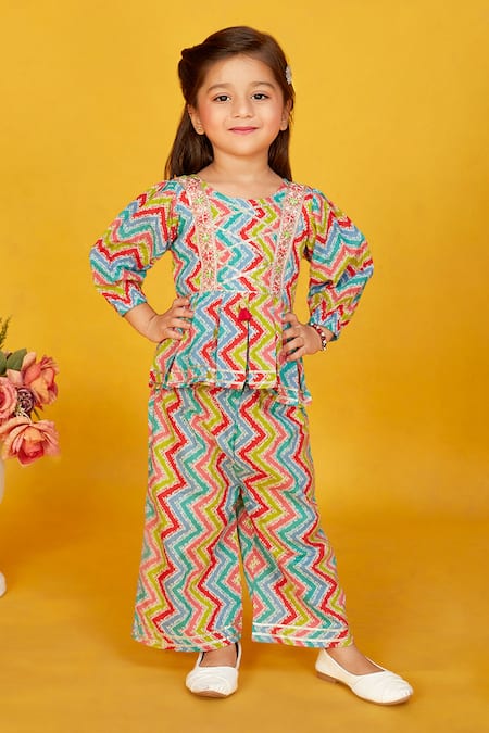 Maaikid Cotton Line Print Pleated Kurta With Pant 