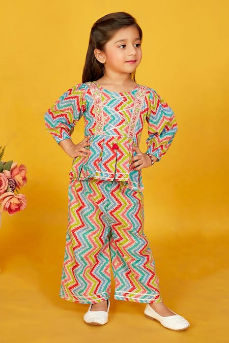 Maaikid_Pink Cotton Gota Patti, Embroidery Line Print Pleated Kurta With Pant _Online_at_Aza_Fashions