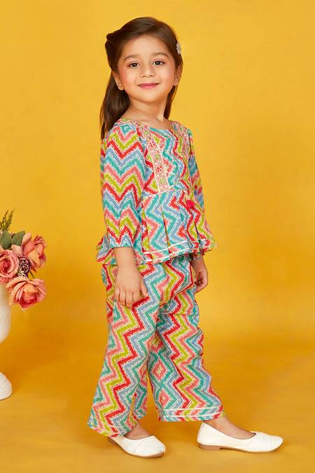 Shop_Maaikid_Pink Cotton Gota Patti, Embroidery Line Print Pleated Kurta With Pant _Online_at_Aza_Fashions