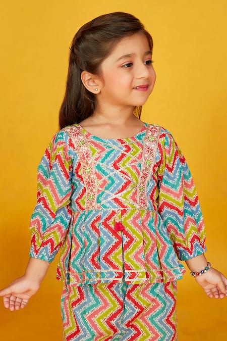 Maaikid_Pink Cotton Gota Patti, Embroidery Line Print Pleated Kurta With Pant _at_Aza_Fashions