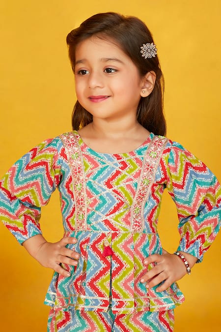 Buy_Maaikid_Pink Cotton Gota Patti, Embroidery Line Print Pleated Kurta With Pant 