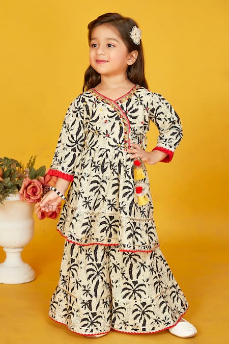 Maaikid Black Cotton Print Leaf Tiered Kurta With Sharara 