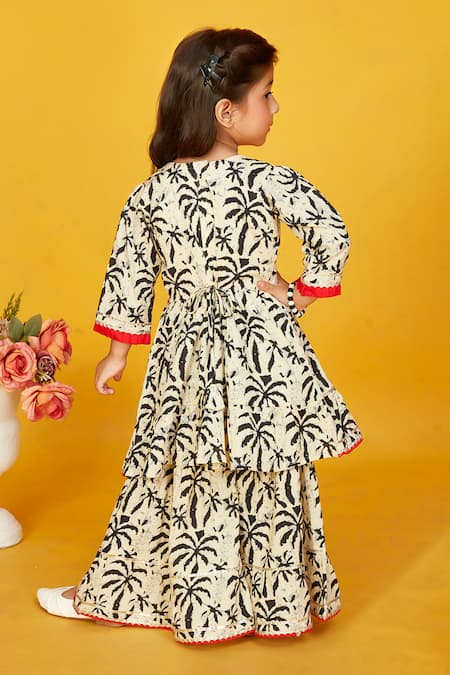 Maaikid Cotton Leaf Print Tiered Kurta With Sharara 
