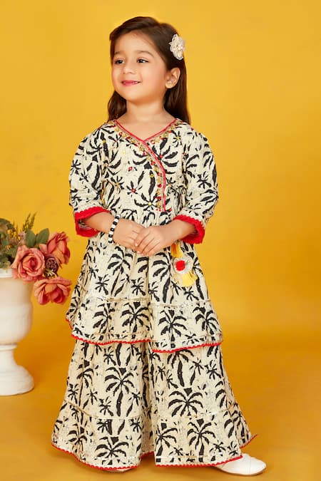 Maaikid_Black Cotton Tassels, Embroidery Leaf Print Tiered Kurta With Sharara _Online_at_Aza_Fashions