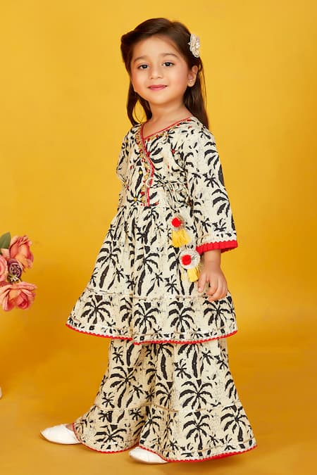 Shop_Maaikid_Black Cotton Tassels, Embroidery Leaf Print Tiered Kurta With Sharara _Online_at_Aza_Fashions