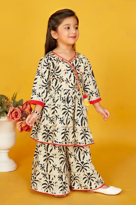 Maaikid_Black Cotton Tassels, Embroidery Leaf Print Tiered Kurta With Sharara _at_Aza_Fashions