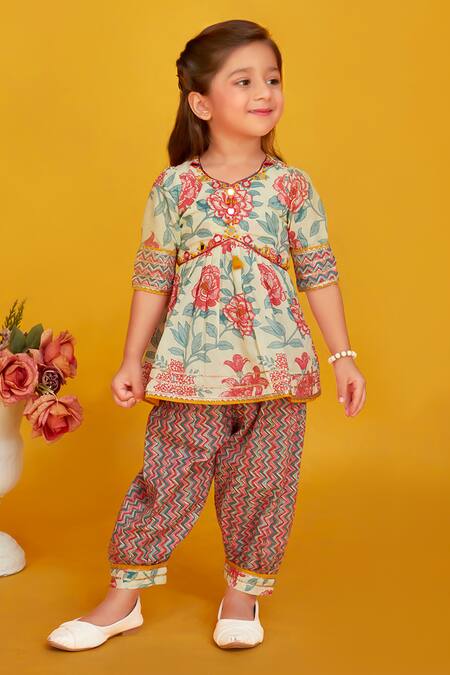 Maaikid_Multi Color Cotton Gota Patti, Mirrors Embroidered Peplum Kurta With Salwar Pant _Online_at_Aza_Fashions