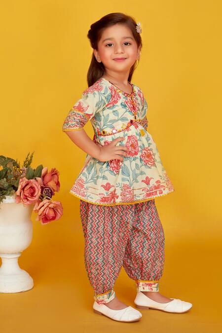 Maaikid_Multi Color Cotton Gota Patti, Mirrors Embroidered Peplum Kurta With Salwar Pant _at_Aza_Fashions