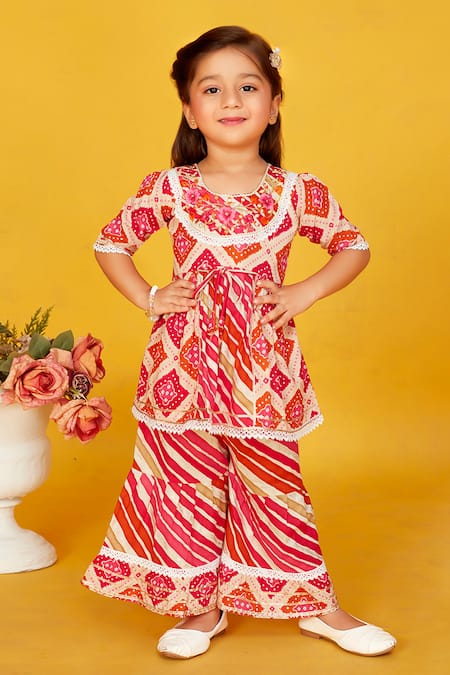 Maaikid Red Cotton Print Bandhani Embroidered Peplum Kurta With Sharara 