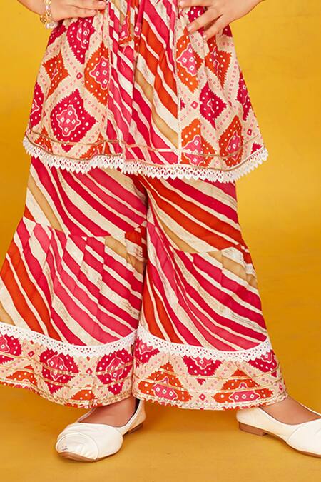 Maaikid_Red Cotton Lace, Mirrors Bandhani Embroidered Peplum Kurta With Sharara _Online_at_Aza_Fashions