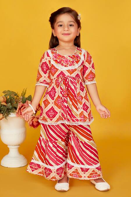 Buy_Maaikid_Red Cotton Lace, Mirrors Bandhani Embroidered Peplum Kurta With Sharara _Online_at_Aza_Fashions