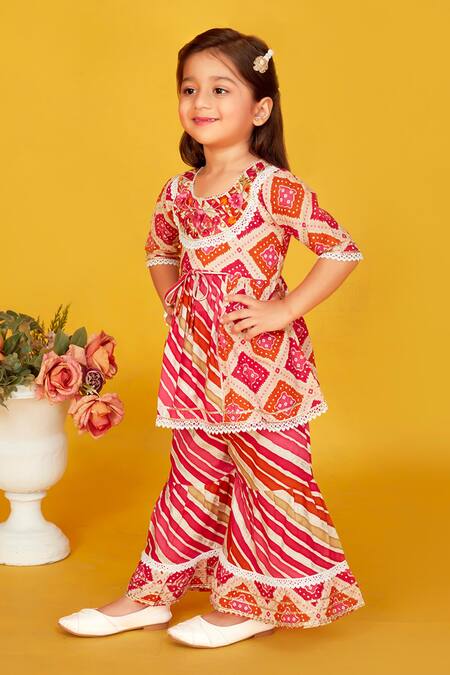 Maaikid_Red Cotton Lace, Mirrors Bandhani Embroidered Peplum Kurta With Sharara _at_Aza_Fashions