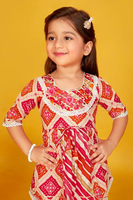 Buy_Maaikid_Red Cotton Lace, Mirrors Bandhani Embroidered Peplum Kurta With Sharara 