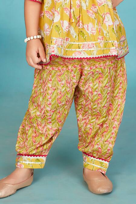 Maaikid_Yellow Cotton Embroidery, Mirrors Floral Print Peplum Kurta With Salwar Pant _Online_at_Aza_Fashions