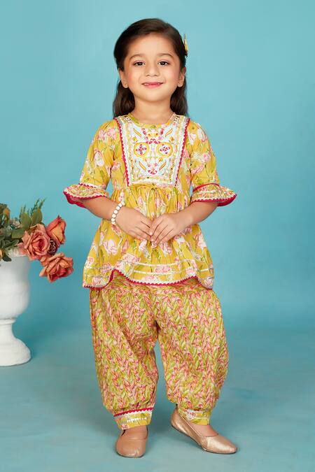 Buy_Maaikid_Yellow Cotton Embroidery, Mirrors Floral Print Peplum Kurta With Salwar Pant _Online_at_Aza_Fashions