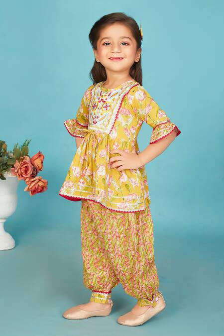 Shop_Maaikid_Yellow Cotton Embroidery, Mirrors Floral Print Peplum Kurta With Salwar Pant _Online_at_Aza_Fashions