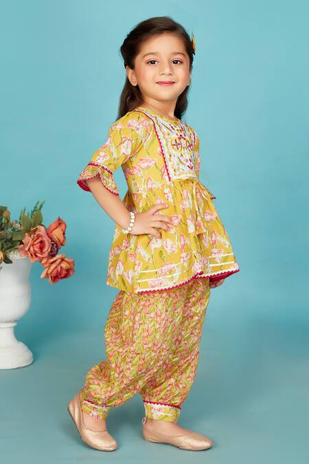Maaikid_Yellow Cotton Embroidery, Mirrors Floral Print Peplum Kurta With Salwar Pant _at_Aza_Fashions