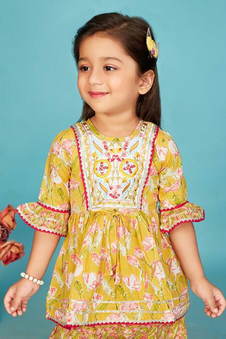 Buy_Maaikid_Yellow Cotton Embroidery, Mirrors Floral Print Peplum Kurta With Salwar Pant 