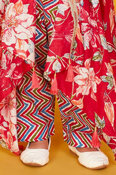 Maaikid_Red Cotton Lace, Tassels, Embroidery Floral Print Asymmetric Jacket And Pant Set _Online_at_Aza_Fashions
