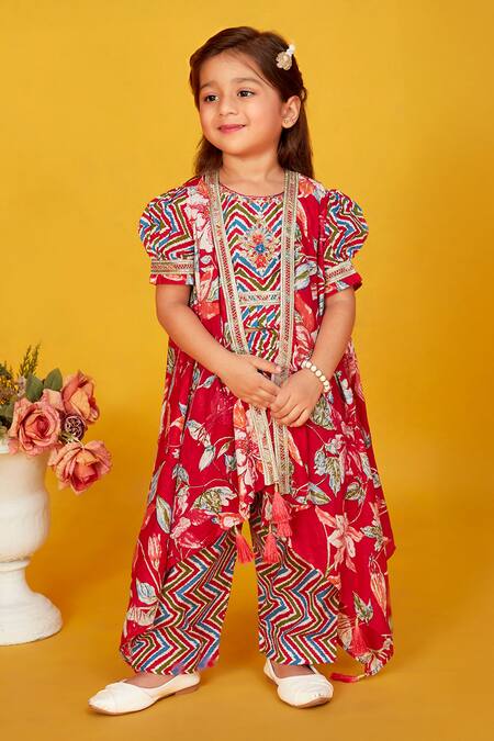 Buy_Maaikid_Red Cotton Lace, Tassels, Embroidery Floral Print Asymmetric Jacket And Pant Set _Online_at_Aza_Fashions